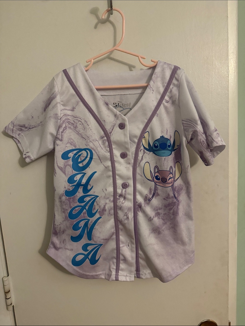 Disney White & Lavender Stitch 'Ohana' Baseball Jersey